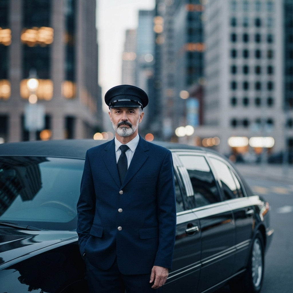 Professional chauffeur with luxury limousine